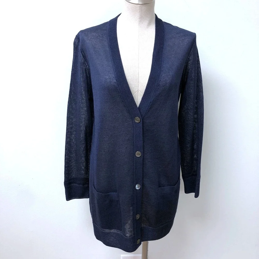 Michael Kors Cardigan Womens Medium Indigo Blue‎ Linen Silk V-Neck Minimalist
